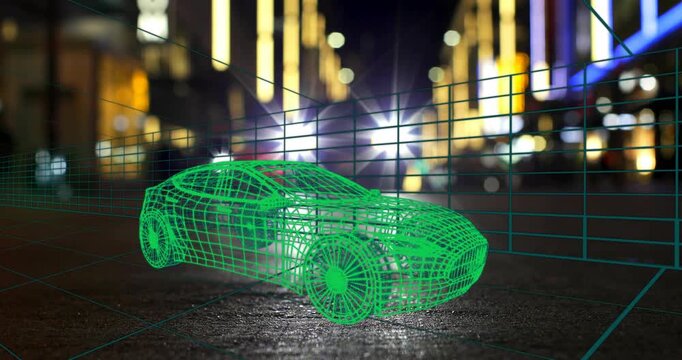 With flare rising, green wireframe car pulsing, teal grid forming, lights brightening for AR reveal