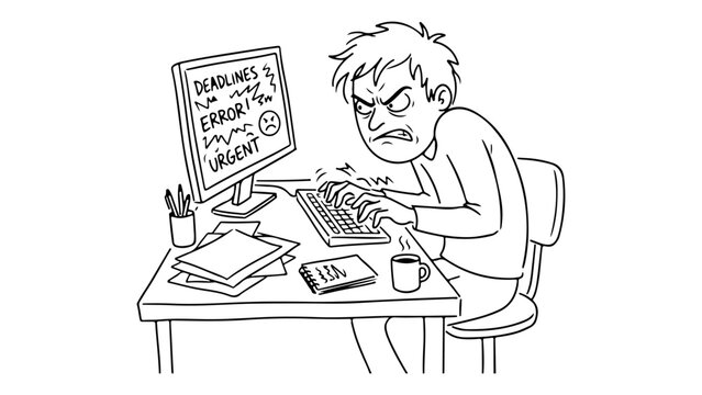 Angry Man Typing at Computer Desk Showing Work Frustration and evilness on face