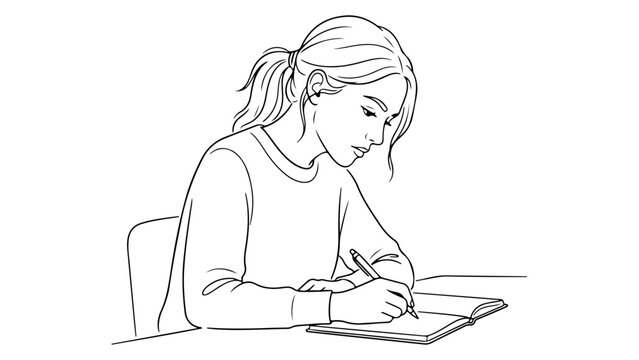 simple line art vector illustration of a woman writing something in the notebook on white background