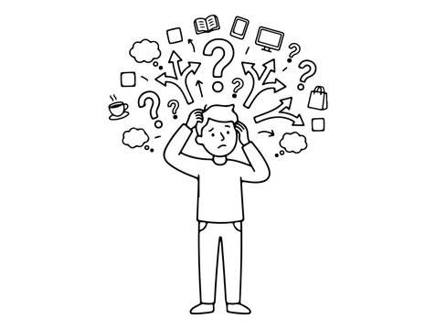 confused man holding head surrounded by question marks and arrows representing decision making, a hand-drawn line art illustration of a confused man holding his head with question marks
