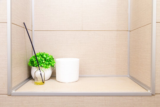 Toilet accessories placed in a wall niche. Minimalist modern toilet interior design.