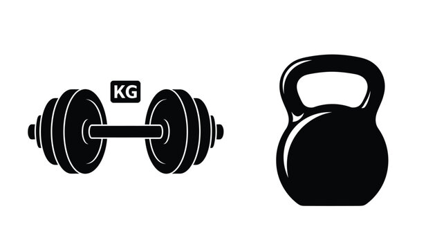 Dumbbells and kettlebell icons illustrate fitness and strength training silhouette