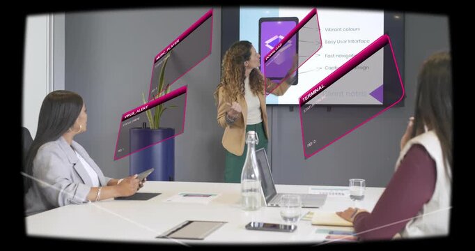 Presenter pointing at screen activating magenta AR panels aligning to gestures for product demo