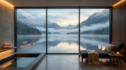 Fototapeta premium Modern luxury resort interior room with large panoramic window view of serene mountain lake, forest and mountains at colorful sunset, generative AI