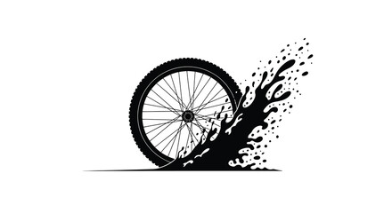 Fototapeta premium A black silhouette of a bicycle wheel rolling through splashed liquid