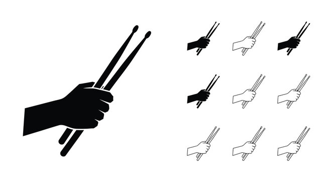 Hands holding drumsticks a black and white illustration with multiple variations
