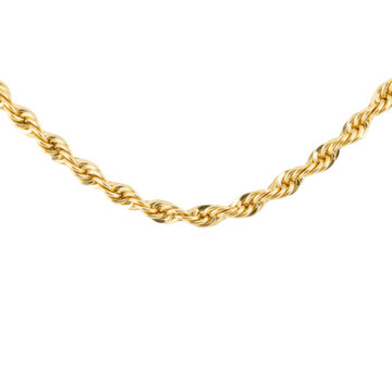 Delicate twisted yellow gold rope chain necklace featuring intricate diamond cut facets with a polished mirror finish on a clean solid white studio background, luxury