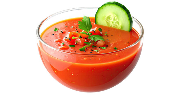 Fresh gazpacho in a bowl garnished with cucumber and herbs on black background