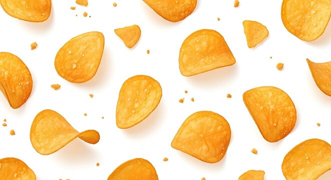 Flying potato chips on white background with salted seasoning