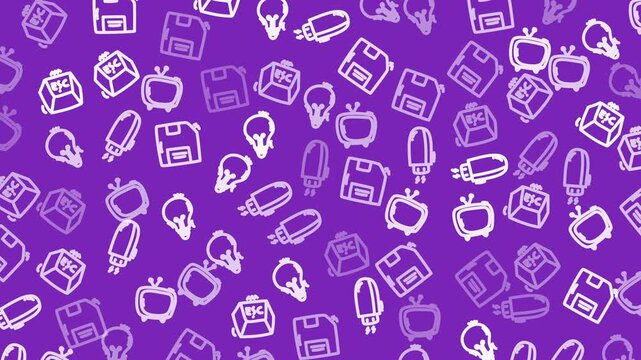 Purple background with white retro tech icons. Icons include TV, computer, floppy disk, and ice cream. Design evokes nostalgia for old digital tools. Pattern feels playful and modern