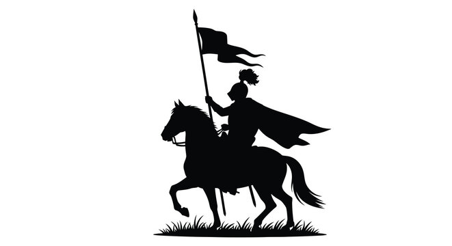 A valiant knight on horseback carries a flag depicted as a silhouette