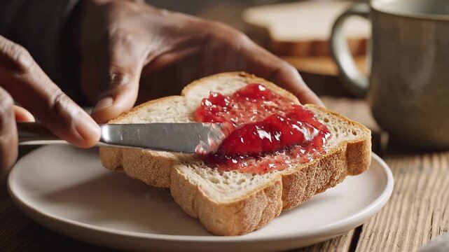 person spreading jam on slice of bread on plate