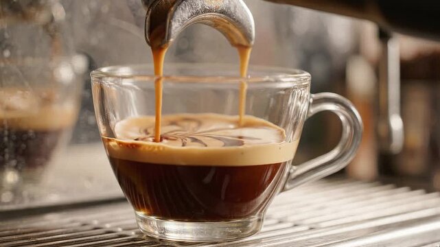 Freshly Brewed Espresso Pouring from Professional Machine into Glass Cup with Rich Golden Crema