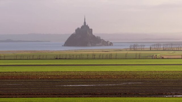 Aerial view of the historic Mont Saint-Michel abbey rising above the horizon with green agricultural fields in the foreground Mont Saint-Michel, Normandy, France.