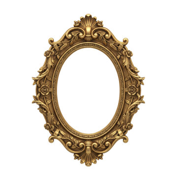 Ornate antique oval frame crafted from aged gold with intricate baroque scrollwork, acanthus leaves, and delicate floral rose motifs against a transparent backdrop