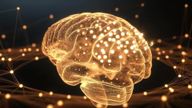 A glowing neural brain form with light nodes in digital style on dark background, concept of intelligence and connection
