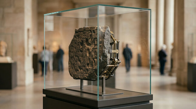 Ancient artifact displayed in a glass case within a museum.