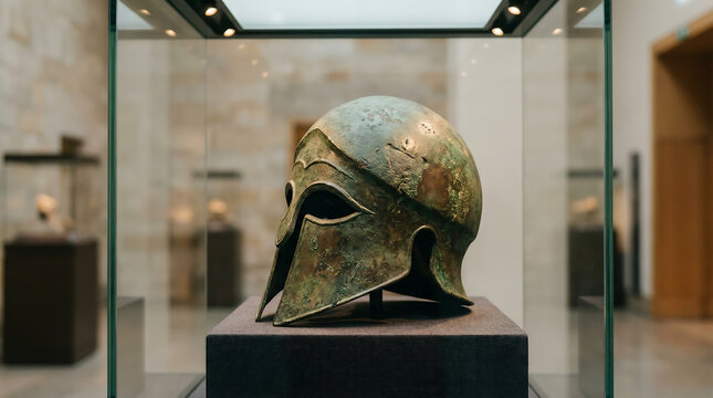 Ancient bronze helmet displayed on pedestal in museum glass case