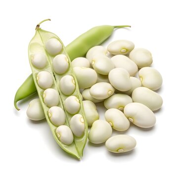 Fresh butter beans with one split open showing creamy interior, isolated white background