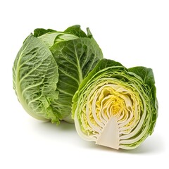 Obraz premium Whole butterhead lettuce beside one cut showing soft leaves, isolated white background