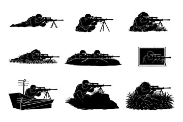 Naklejka premium Silhouette snipers: tactical poses and equipment.