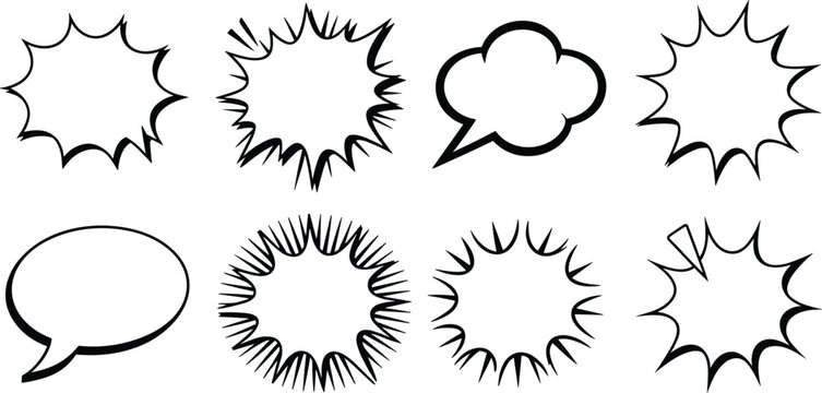 Collection of hand drawn comic book speech bubbles and explosion effects
