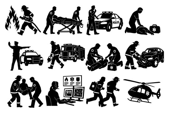 Emergency responders: police, firefighters, paramedics in action silhouettes.