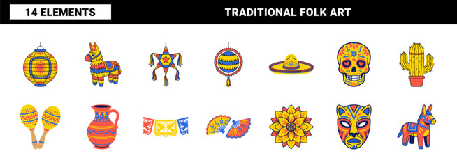 Fototapeta premium Mexican Folk Art and Pinata Graphic Set