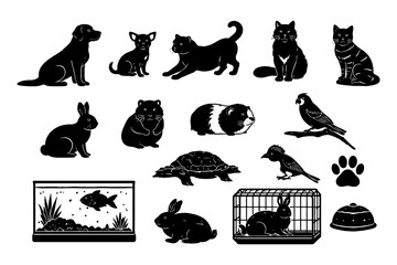 Fototapeta premium Silhouette of various domestic animals and pet accessories.
