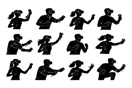 Silhouettes of diverse young adults engaging with virtual reality headsets.