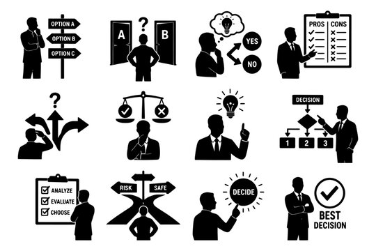 Decision-making concepts with business silhouettes and symbols.