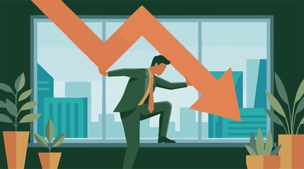 Fototapeta premium Businessman struggling to support a falling arrow, symbolizing economic downturn