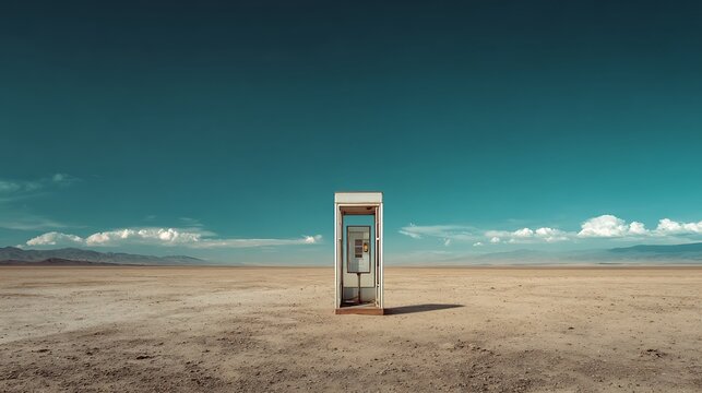 Lonely telephone booth desert landscape scene.