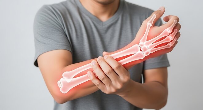 Man holding wrist with visible skeletal overlay showing forearm bones