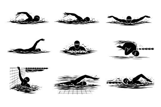 Silhouette of male swimmers in various swimming styles.