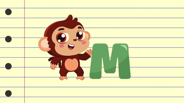 M Is For Monkey Cartoon Character Alphabet For Kids Learning &ndash; 4K Animation Video Motion Graphics With Background