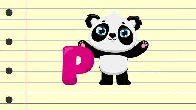P Is For Panda Cartoon Character Alphabet For Kids Learning - 4K Animation Video Motion Graphics With Background
