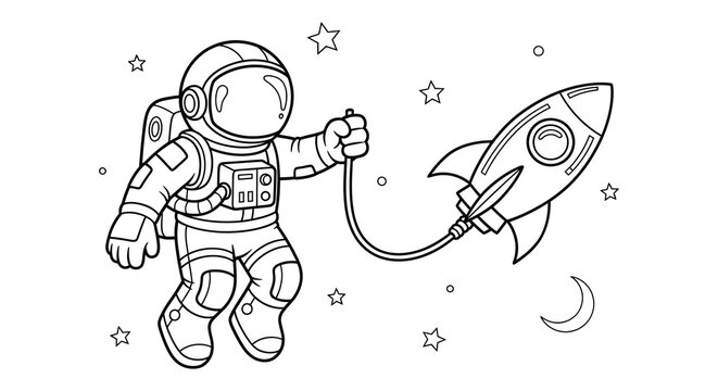 Astronaut floats in space holding a rocket charming black outline silhouette