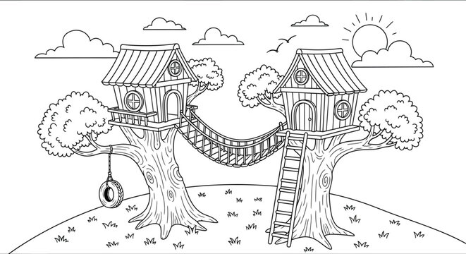 Charming treehouses connected by a rope bridge detailed line art silhouette