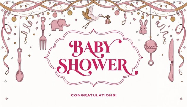 Baby Shower Greeting Card with Stork, Hanging Cutlery and Baby Animals Vector, Pink and Gold Theme