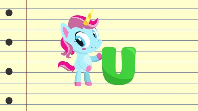 U Is For Unicorn Cartoon Character Alphabet For Kids Learning &ndash; 4K Animation Video Motion Graphics With Background
