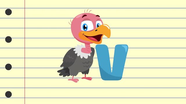 V Is For Vulture Cartoon Character Alphabet For Kids Learning &ndash; 4K Animation Video Motion Graphics With Background