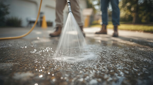 Pressure washing driveway. Close up on water splash and worker in worker boots cleaning driveway with pressure washer.
