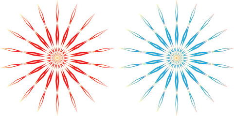 Obraz premium Symmetrical abstract art two vibrant kaleidoscope like designs in red blue and green hues