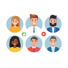 Fototapeta premium Set of round professional team avatars with like and stop icons in flat cartoon style, business