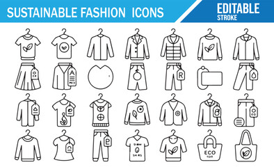 Fototapeta premium Sustainable fashion icons set eco clothing line symbols organic apparel and ethical textile vector illustration