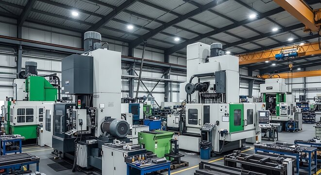 Large industrial factory with green and white hydraulic presses and overhead cranes