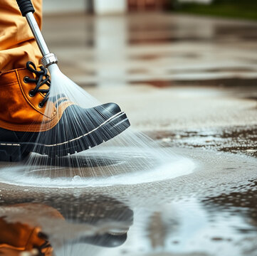 Pressure washing driveway. Close up on water splash and worker in worker boots cleaning driveway with pressure washer.