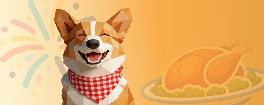 cheerful corgi in checkered bandana with thanksgiving turkey and fireworks, geometric style, vector illustration, pets banner