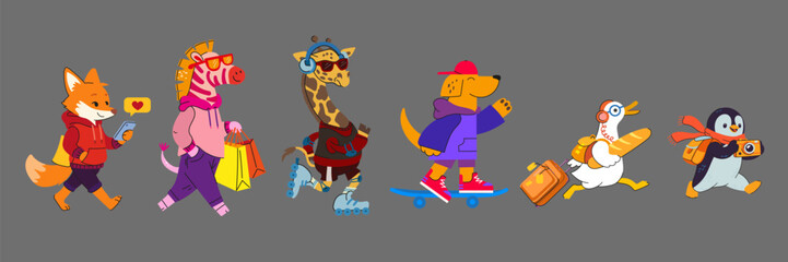 Set of cute flat vector animals in motion — fox, zebra, giraffe, dog, bird, and penguin — with gadgets and accessories, modern playful style. © Ірина Сидорова